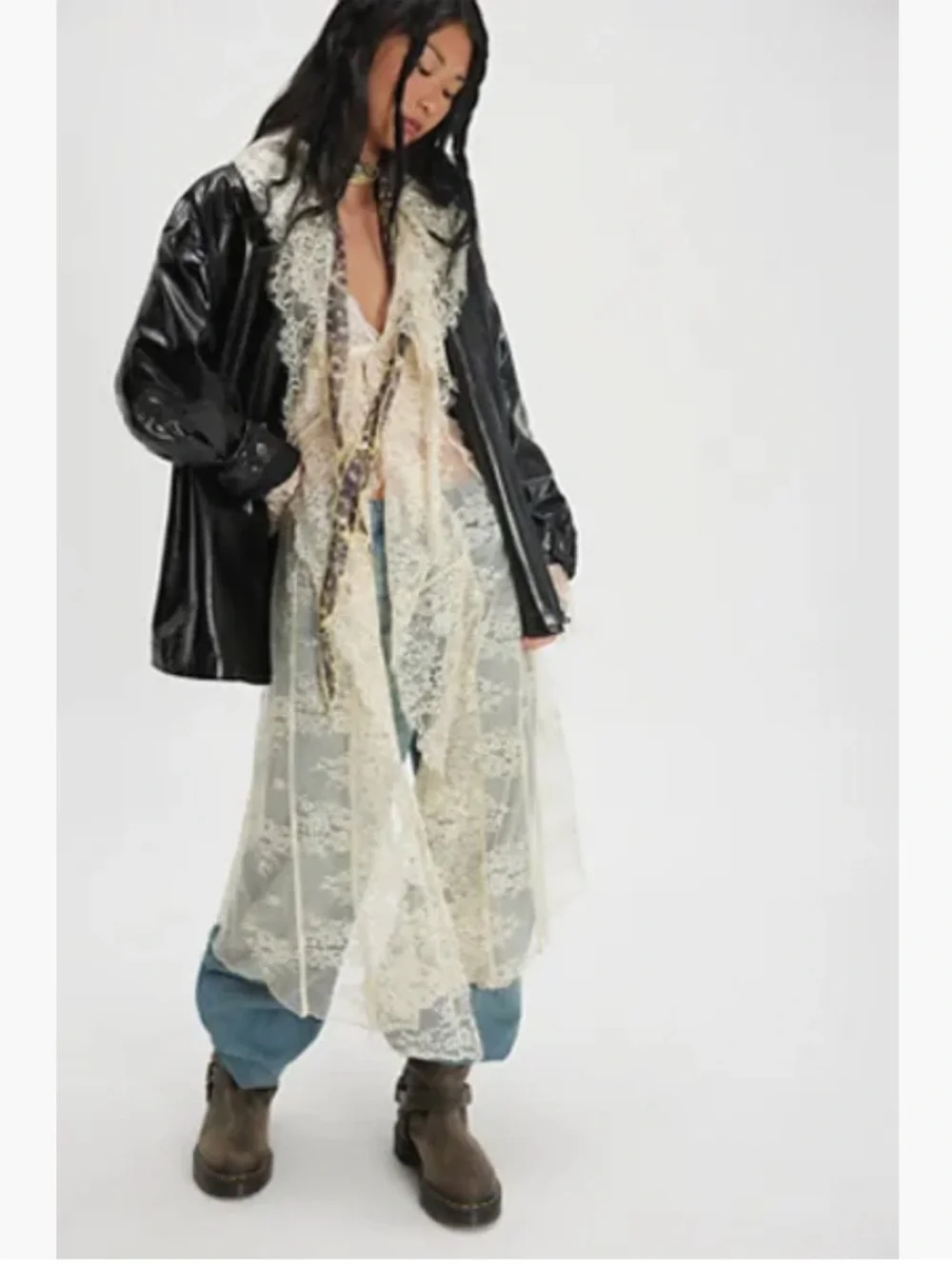 Free People x Nigel Preston Maud Lace Duster Sheer Hi-Low Ruffle NWT One Size - Picture 5 of 11